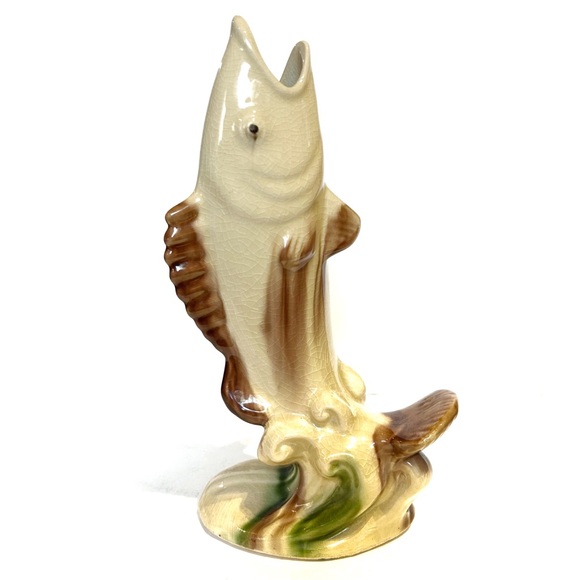 Vintage Leaping Fish Ceramic Vase 10 Inch Crazing Marked H 54 Beige Brown Asian - Picture 1 of 12